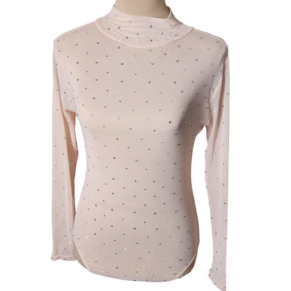 Rhinestone Covered Sheer Peach Body Suit, Fits XS to Small